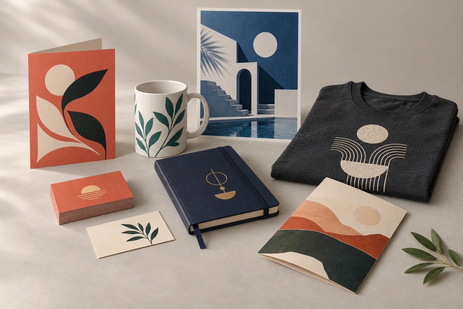 Illustrative collection of printed cards, a branded mug, notebook, apparel and poster